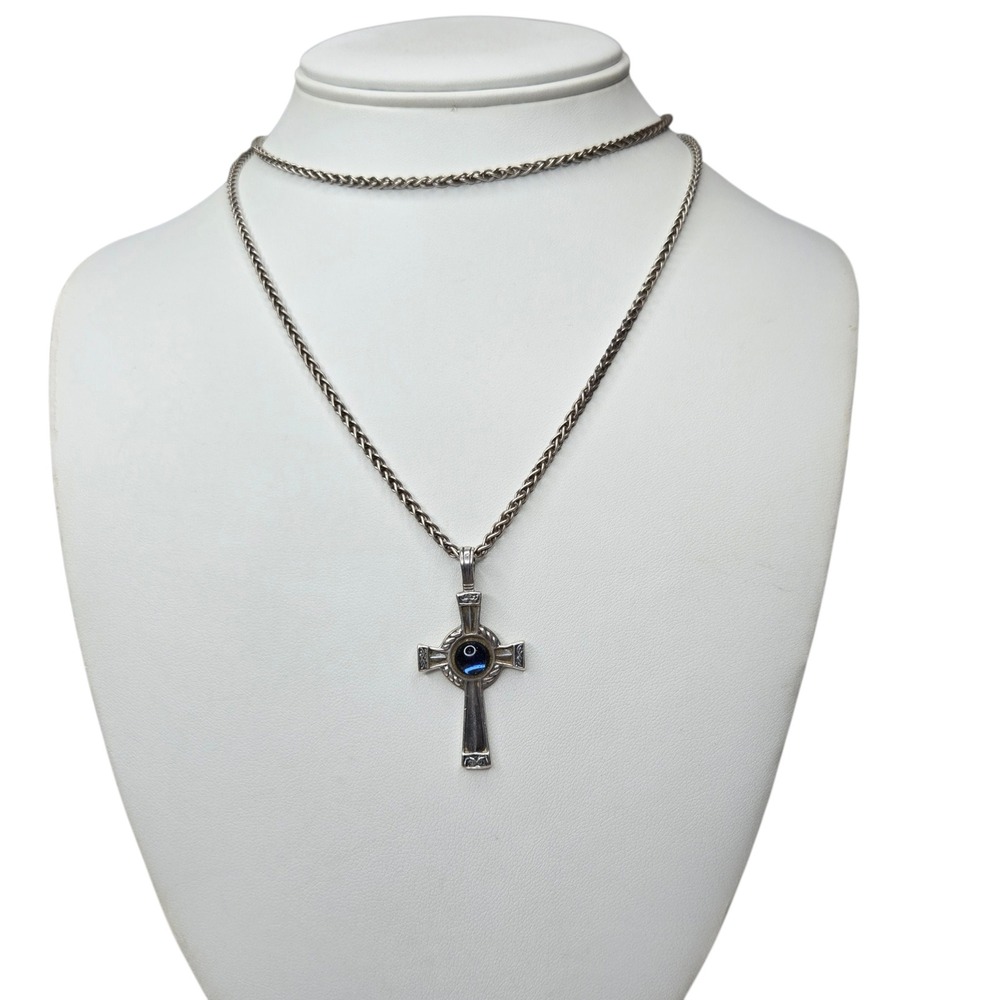 Sterling Silver 925 Celtic Cross‎ Pendant Necklace 30in Blue Stone